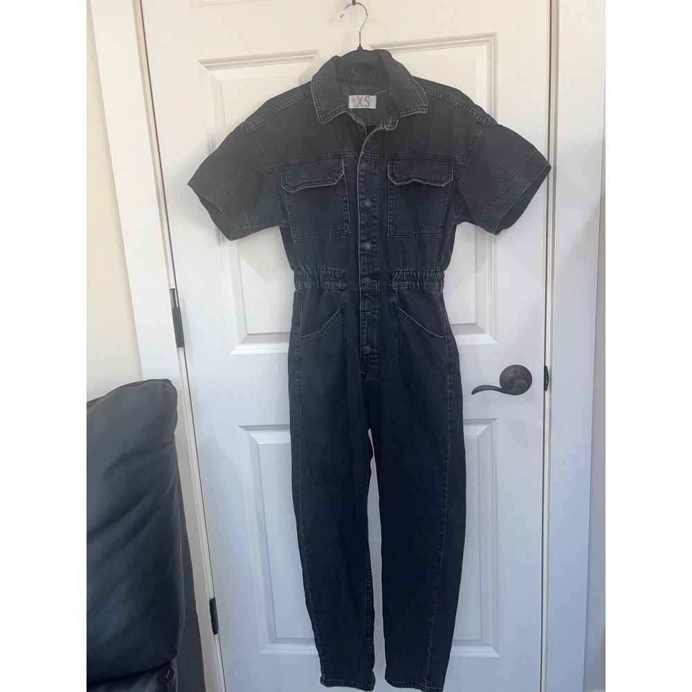 Free People Marci Denim Coveralls  Short Sleeve Faded Black Jumpsuit Size XS